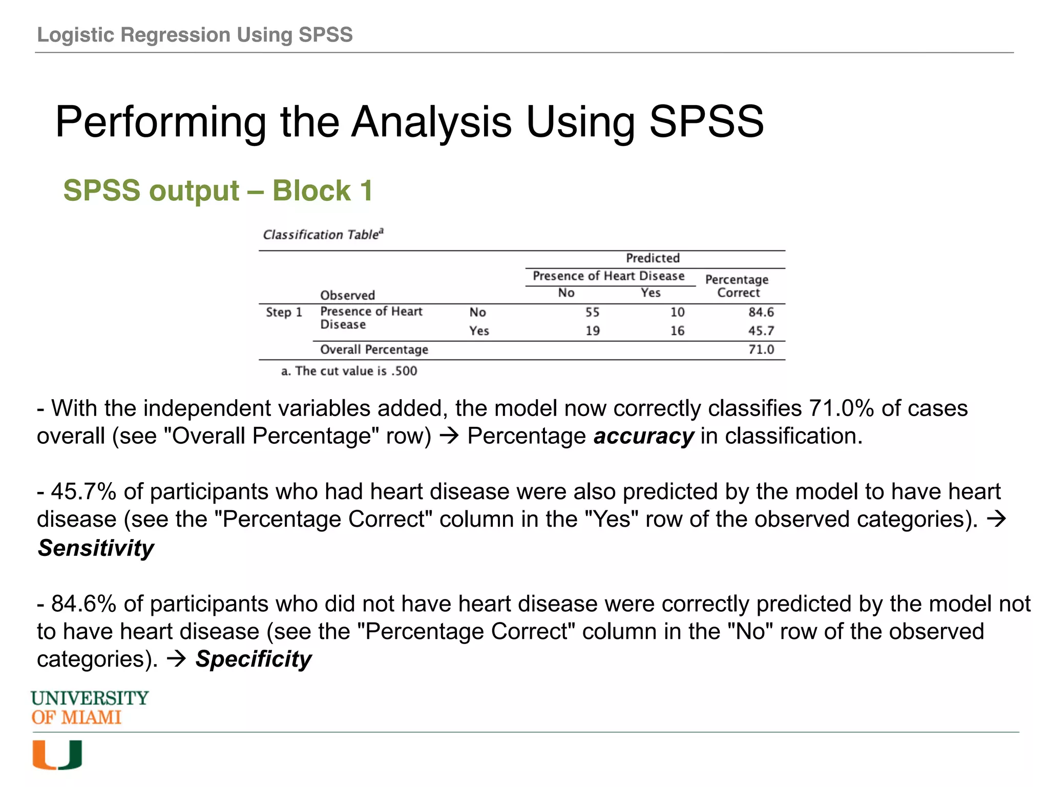 Logistic Regression Using SPSS
Performing the Analysis Using SPSS
SPSS output – Block 1
- With the independent variables added, the model now correctly classifies 71.0% of cases
overall (see "Overall Percentage" row) à Percentage accuracy in classification.
- 45.7% of participants who had heart disease were also predicted by the model to have heart
disease (see the "Percentage Correct" column in the "Yes" row of the observed categories). à
Sensitivity
- 84.6% of participants who did not have heart disease were correctly predicted by the model not
to have heart disease (see the "Percentage Correct" column in the "No" row of the observed
categories). à Specificity
 