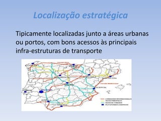 Localização estratégica	Tipicamente localizadas junto a áreas urbanas ou portos, com bons acessos às principais infra-estruturas de transporte