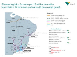 Sistema logístico formado por 10 mil km de malha ferroviária e 12 terminais portuários (8 para carga geral) Estrada de Ferro Carajás - EFC Ferrovia Norte Sul – FNS Ferrovia Norte Sul – FNS em construção Estrada de Ferro Vitória a Minas Ferrovia Centro Atlântica (FCA) ALL – Direito de Passagem FCA MRS Legenda Terminais Marítimos Terminal Marítimo Ponta da Madeira Terminal Marítimo Inacio Barbosa Porto de Aratu Porto de Salvador Complexo Portuário de Tubarão Porto de Sepetiba Porto de Angra dos Reis Porto de Santos 1 2 3 4 5 6 7 8 1 5 6 8 TMPM,  Berço 105 TMIB TPM ,  TPD3 ,  TPD4 ,  TGL , Pier MF Valesul , CPBS, TIG TUF 2 