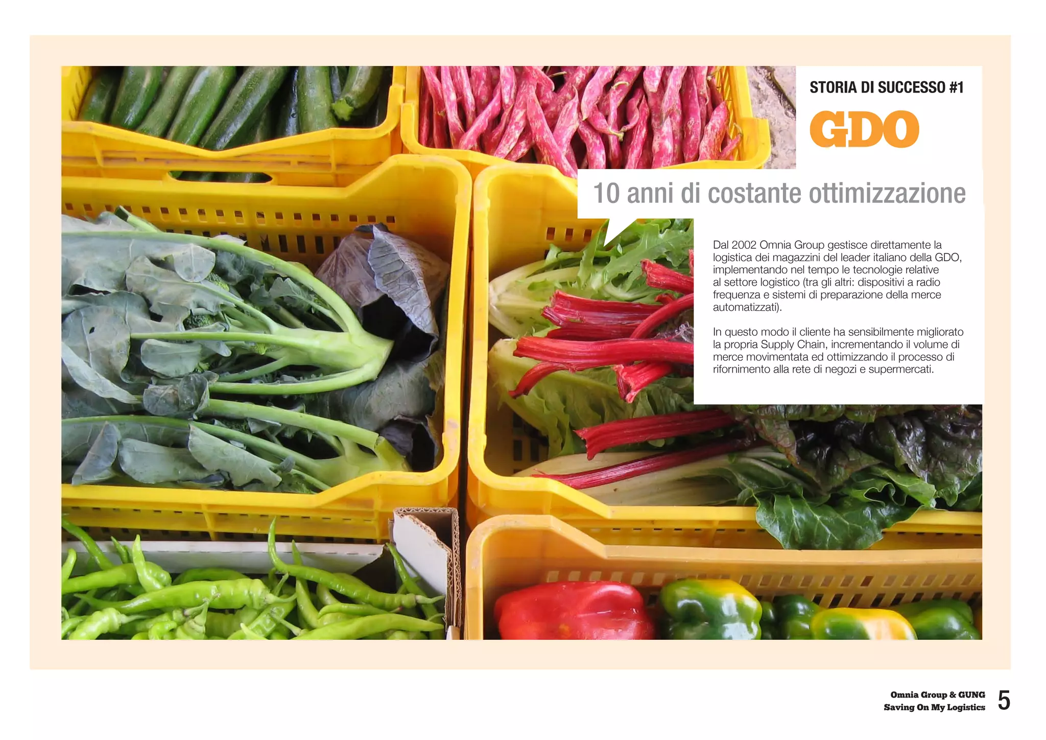 STORIA DI SUCCESSO #1


                               GDO
10 anni di costante ottimizzazione
          Dal 2002 Omnia Group gestisce direttamente la
          logistica dei magazzini del leader italiano della GDO,
          implementando nel tempo le tecnologie relative
          al settore logistico (tra gli altri: dispositivi a radio
          frequenza e sistemi di preparazione della merce
          automatizzati).

          In questo modo il cliente ha sensibilmente migliorato
          la propria Supply Chain, incrementando il volume di
          merce movimentata ed ottimizzando il processo di
          rifornimento alla rete di negozi e supermercati.




                                                 Omnia Group & GUNG
                                                Saving On My Logistics   5
 