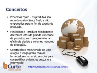  Processos "pull" - os produtos são
retirados pelo cliente final, e não
empurrados para o fim da cadeia de
produção.
 Flexibilidade - produzir rapidamente
diferentes lotes de grande variedade
de produtos, sem comprometer a
eficiência devido a volumes menores
de produção.
 Construção e manutenção de uma
relação a longo prazo com os
fornecedores tomando acordos para
compartilhar o risco, os custos e a
informação.
Conceitos
http://curtircursos.nossoscursos.com.br/
 