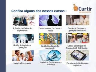 A Gestão da Cadeia de
Suprimentos
Confira alguns dos nossos cursos :
Gestão de Logística e
Operações
Logística Empresarial
Gerenciamento De Custos E
Riscos
Gestão Dos Canais De
Distribuição
Logística: Fundamentos e
Processos
Gestão de Estoques e
Operações Industriais
Gestão Estratégica De
Transportes E Distribuição
Planejamento De Cenários
Logísticos
 
