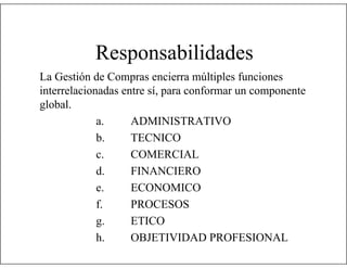 Responsabilidades
La Gestión de Compras encierra múltiples funciones
interrelacionadas entre sí, para conformar un componente
global.
a.
ADMINISTRATIVO
b.
TECNICO
c.
COMERCIAL
d.
FINANCIERO
e.
ECONOMICO
f.
PROCESOS
g.
ETICO
h.
OBJETIVIDAD PROFESIONAL

 