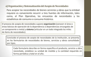 a)OrganizaciónySistematizacióndelAcopiodeNecesidades 
Para acopiar las necesidades de bienes servicios y obras que la entidad 
requiere es conveniente recurrir a tres fuentes de información, tales 
como, el Plan Operativo, las encuestas de necesidades y las 
estadísticas de consumo o consumo histórico. 
El proceso de acopio de necesidades supone organización (conocer el área o 
áreas básicas de operación de la dependencia o dependencias encargadas de 
un componente o meta) y sistema (articular en un todo integrado los miles 
de ítems de necesidades). 
Concluido el proceso de acopio de necesidades de la institución, se presenta 
en los formularios de necesidades de bienes, servicios y obras consolidado 
por tipos. 
Cada formulario describe en forma específica el producto, servicio u obra 
necesitada, establece su unidad de medida y la cantidad requerida en 
forma periódica y total en el año. 
 