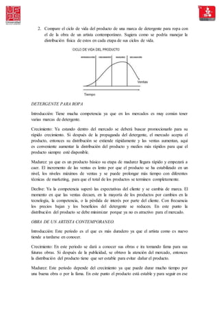 2. Compare el ciclo de vida del producto de una marca de detergente para ropa con 
el de la obra de un artista contemporáneo. Sugiera como se podría manejar la 
distribución física de estos en cada etapa de sus ciclos de vida. 
DETERGENTE PARA ROPA 
Introducción: Tiene mucha competencia ya que en los mercados es muy común tener 
varias marcas de detergente. 
Crecimiento: Ya estando dentro del mercado se deberá buscar promocionarlo para su 
rápido crecimiento. Si después de la propaganda del detergente, el mercado acepta el 
producto, entonces su distribución se extiende rápidamente y las ventas aumentan, aquí 
es conveniente aumentar la distribución del producto y medios más rápidos para que el 
producto siempre esté disponible. 
Madurez: ya que es un producto básico su etapa de madurez llegara rápido y empezará a 
caer. El incremento de las ventas es lento por que el producto se ha estabilizado en un 
nivel, los niveles máximos de ventas y se puede prolongar más tiempo con diferentes 
técnicas de marketing, para que el total de los productos se terminen completamente. 
Declive: Ya la competencia superó las expectativas del cliente y se cambia de marca. El 
momento en que las ventas decaen, en la mayoría de los productos por cambios en la 
tecnología, la competencia, o la pérdida de interés por parte del cliente. Con frecuencia 
los precios bajan y los beneficios del detergente se reducen. En este punto la 
distribución del producto se debe minimizar porque ya no es atractivo para el mercado. 
OBRA DE UN ARTISTA CONTEMPORANEO. 
Introducción: Este periodo es el que es más duradero ya que el artista como es nuevo 
tiende a tardarse en conocer. 
Crecimiento: En este periodo se dará a conocer sus obras e ira tomando fama para sus 
futuras obras. Si después de la publicidad, se obtuvo la atención del mercado, entonces 
la distribución del producto tiene que ser estable para evitar dañar el producto. 
Madurez: Este periodo depende del crecimiento ya que puede durar mucho tiempo por 
una buena obra o por la fama. En este punto el producto está estable y para seguir en ese 
 