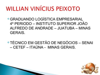 GRADUANDO LOGÍSTICA EMPRESARIAL 
4º PERIODO – INSTITUTO SUPERIOR JOÃO 
ALFREDO DE ANDRADE – JUATUBA – MINAS 
GERAIS. 
TÉCNICO EM GESTÃO DE NEGÓCIOS – SENAI 
– CETEF – ITAÚNA - MINAS GERAIS. 
 