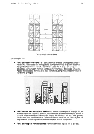 FATEC – Faculdade de Teologia e Ciências 11
Porta Palete – vista lateral
Os principais são:
• Porta-paletes convencional - é a estrutura mais utilizada. Empregada quando é
necessária seletividade nas operações de carregamento, isto é, quando as cargas
dos paletes forem muito variadas permitindo a escolha da carga em qualquer
posição da estrutura sem nenhum obstáculo; movimentação dentro dos armazéns.
Apesar de necessitar de muita área para corredores, compensa pela seletividade e
rapidez na operação.
• Porta-paletes para corredores estreitos - permite otimização do espaço útil de
armazenagem em função da redução dos corredores para movimentação. Porém, o
custo do investimento torna-se maior em função dos trilhos ou fios indu tivos que são
necessários para a movimentação das empilhadeiras trilaterais. Em caso de pane da
empilhadeira, outra máquina convencional não tem acesso aos paletes.
• Porta-paletes para transelevadores - também otimiza o espaço útil, já que seu
 
