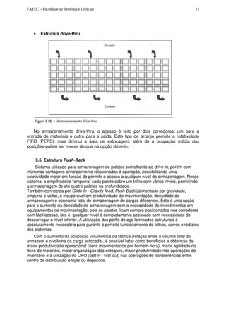 FATEC – Faculdade de Teologia e Ciências 15
• Estrutura drive-thru
No armazenamento drive-thru, o acesso é feito por dois corredores: um para a
entrada de materiais e outro para a saida. Este tipo de arranjo permite a rotatividade
FIFO (PEPS), mas diminui a área de estocagem, além de a ocupação média das
posições-palete ser menor do que na opção drive-in.
3.5. Estrutura Push-Back
Sistema utilizado para armazenagem de paletes semelhante ao drive-in, porém com
inúmeras vantagens principalmente relacionadas à operação, possibilitando uma
seletividade maior em função de permitir o acesso a qualquer nível de armazenagem. Nesse
sistema, a empilhadeira "empurra" cada palete sobre um trilho com vários níveis, permitindo
a armazenagem de até quatro paletes na profundidade.
Também conhecida por Glide In - Gravity feed, Push-Back (alimentado por gravidade,
empurra e volta), é insuperável em produtividade de movimentação, densidade de
armazenagem e economia total de armazenagem de cargas diferentes. Esta é uma opção
para o aumento da densidade de armazenagem sem a necessidade de investimentos em
equipamentos de movimentação, pois os paletes ficam sempre posicionados nos corredores
com fácil acesso, isto é, qualquer nível é completamente acessado sem necessidade de
descarregar o nível inferior. A utilização dos perfis de aço laminados estruturais é
absolutamente necessária para garantir o perfeito funcionamento de trilhos, carros e rodízios
dos sistemas.
Com o aumento da ocupação volumétrica da fábrica (relação entre o volume total do
armazém e o volume da carga estocada), é possível listar como benefícios a obtenção de
maior produtividade operacional (itens movimentados por homem-hora), maior agilidade no
fluxo de materiais, maior organização dos estoques, maior produtividade nas operações de
inventário e a utilização do LIFO (last in - first out) nas operações de transferências entre
centro de distribuição e lojas ou depósitos.
 