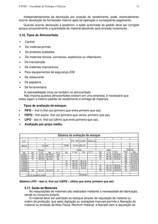 FATEC – Faculdade de Teologia e Ciências 31
Independentemente da devolução por ocasião do recebimento, pode, eventualmente,
ocorrer devolução ao fornecedor mesmo após tal operação e conseqüente pagamento.
Quando ocorrer devolução a posteriori, o saldo autorizado do pedido deve ser corrigido
porque provavelmente a quantidade do material devolvido será enviada novamente.
3.16. Tipos de Almoxarifado
• Central
• De matérias-primas
• De produtos acabados
• De materiais tóxicos, corrosivos, explosivos ou inflamáveis
• De manutenção
• De materiais improdutivos
• Para equipamentos de segurança (EM
• De restaurante
• De papelaria
• De ferramentaria
A rastreabilidade inicia-se também no almoxarifado.
Não importa quantos almoxarifados existam em uma empresa, é necessário que
todos sigam o mesmo padrão de recebimento e entrega de materiais.
Tipos de avaliação de estoque:
• FIFO – first in,first out (primeiro que entra primeiro que sai).
• FEFO - first expire, first out (primeiro que vence, primeiro que sai).
• LIFO - last in, first out (último que entra primeiro que sai).
• Avaliação por preço médio.
Sistema LIFO – last in, first out (UEPS – último que entra, primeiro que sai)
3.17. Saída de Materiais
As reaquisições de materiais são realizadas mediante a necessidade de fabricação,
venda ou consumo próprio.
O material deve ser solicitado ao estoque através de requisição de material ou
ordem de produção, que após digitação ou anotações manuais permite a liberação do
material ou emissão da Nota Fiscal. Nenhum material é liberado sem a requisição de
 