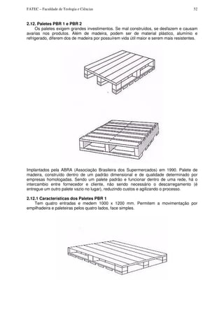 FATEC – Faculdade de Teologia e Ciências 52
2.12. Paletes PBR 1 e PBR 2
Os paletes exigem grandes investimentos. Se mal construídos, se desfazem e causam
avarias nos produtos. Além de madeira, podem ser de material plástico, alumínio e
refrigerado, diferem dos de madeira por possuírem vida útil maior e serem mais resistentes.
Implantados pela ABRA (Associação Brasileira dos Supermercados) em 1990. Palete de
madeira, construído dentro de um padrão dimensional e de qualidade determinado por
empresas homologadas. Sendo um palete padrão e funcionar dentro de uma rede, há o
intercambio entre fornecedor e cliente, não sendo necessário o descarregamento (é
entregue um outro palete vazio no lugar), reduzindo custos e agilizando o processo.
2.12.1 Características dos Paletes PBR 1
Tem quatro entradas e medem 1000 x 1200 mm. Permitem a movimentação por
empilhadeira e paleteiras pelos quatro lados, face simples.
 