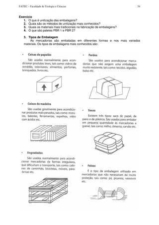 FATEC – Faculdade de Teologia e Ciências 54
Exercício
1. O que é unitização das embalagens?
2. Quais são os métodos de unitização mais conhecidos?
3. Quais os materiais mais tradicionais na fabricação de embalagens?
4. O que são paletes PBR 1 e PBR 2?
3. Tipos de Embalagem
As mercadorias são embaladas em diferentes formas e nos mais variados
materiais. Os tipos de embalagens mais conhecidos são:
 