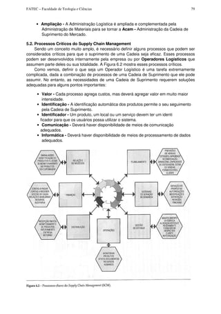 FATEC – Faculdade de Teologia e Ciências 79
• Ampliação - A Administração Logística é ampliada e complementada pela
Administração de Materiais para se tornar a Acam - Administração da Cadeia de
Suprimento do Mercado.
5.2. Processos Críticos do Supply Chain Management
Sendo um conceito muito amplo, é necessário definir alguns processos que podem ser
considerados críticos para que o suprimento de uma Cadeia seja eficaz. Esses processos
podem ser desenvolvidos internamente pela empresa ou por Operadores Logísticos que
assumem parte deles ou sua totalidade. A Figura 6.2 mostra esses processos críticos.
Como vemos, definir o que seja um Operador Logístico é uma tarefa extremamente
complicada, dada a combinação de processos de uma Cadeia de Suprimento que ele pode
assumir. No entanto, as necessidades de uma Cadeia de Suprimento requerem soluções
adequadas para alguns pontos importantes:
• Valor - Cada processo agrega custos, mas deverá agregar valor em muito maior
intensidade.
• Identificação - A identificação automática dos produtos permite o seu seguimento
pela Cadeia de Suprimento.
• Identificador - Um produto, um local ou um serviço devem ter um identi
ficador para que os usuários possa utilizar o sistema.
• Comunicação - Deverá haver disponibilidade de meios de comunicação
adequados.
• Informática - Deverá haver disponibilidade de meios de processamento de dados
adequados.
 