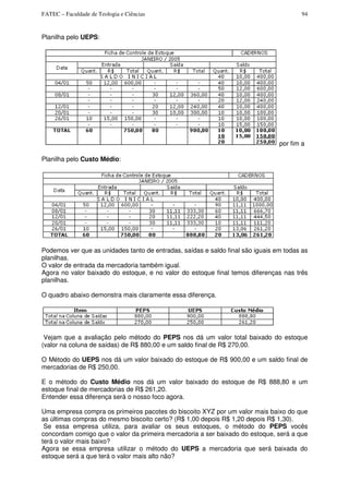 FATEC – Faculdade de Teologia e Ciências 94
Planilha pelo UEPS:
por fim a
Planilha pelo Custo Médio:
Podemos ver que as unidades tanto de entradas, saídas e saldo final são iguais em todas as
planilhas.
O valor de entrada da mercadoria também igual.
Agora no valor baixado do estoque, e no valor do estoque final temos diferenças nas três
planilhas.
O quadro abaixo demonstra mais claramente essa diferença.
Vejam que a avaliação pelo método do PEPS nos dá um valor total baixado do estoque
(valor na coluna de saídas) de R$ 880,00 e um saldo final de R$ 270,00.
O Método do UEPS nos dá um valor baixado do estoque de R$ 900,00 e um saldo final de
mercadorias de R$ 250,00.
E o método do Custo Médio nos dá um valor baixado do estoque de R$ 888,80 e um
estoque final de mercadorias de R$ 261,20.
Entender essa diferença será o nosso foco agora.
Uma empresa compra os primeiros pacotes do biscoito XYZ por um valor mais baixo do que
as últimas compras do mesmo biscoito certo? (R$ 1,00 depois R$ 1,20 depois R$ 1,30).
Se essa empresa utiliza, para avaliar os seus estoques, o método do PEPS vocês
concordam comigo que o valor da primeira mercadoria a ser baixado do estoque, será a que
terá o valor mais baixo?
Agora se essa empresa utilizar o método do UEPS a mercadoria que será baixada do
estoque será a que terá o valor mais alto não?
 