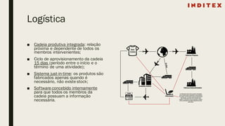 Logística
■ Cadeia produtiva integrada: relação
próxima e dependente de todos os
membros intervenientes;
■ Ciclo de aprovisionamento da cadeia
15 dias (período entre o início e o
término de uma atividade);
■ Sistema just-in-time: os produtos são
fabricados apenas quando é
necessário, não existe stock;
■ Software concebido internamente
para que todos os membros da
cadeia possuam a informação
necessária.
 