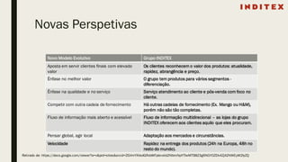 Novas Perspetivas
Novo Modelo Evolutivo Grupo INDITEX
Aposta em servir clientes finais com elevado
valor
Os clientes reconhecem o valor dos produtos: atualidade,
rapidez, abrangência e preço.
Ênfase no melhor valor O grupo tem produtos para vários segmentos -
diferenciação.
Ênfase na qualidade e no serviço Serviço atendimento ao cliente e pós-venda com foco no
cliente.
Competir com outra cadeia de fornecimento Há outras cadeias de fornecimento (Ex. Mango ou H&M),
porém não são tão completas.
Fluxo de informação mais aberto e acessível Fluxo de informação multidirecional – as lojas do grupo
INDITEX oferecem aos clientes aquilo que eles procuram.
Pensar global, agir local Adaptação aos mercados e circunstâncias.
Velocidade Rapidez na entrega dos produtos (24h na Europa, 48h no
resto do mundo).
Retirado de: https://docs.google.com/viewer?a=v&pid=sites&srcid=ZGVmYXVsdGRvbWFpbnxkb2NlbmNpYTIwMTB8Z3g6NGY0ZDk4ZjA2NWEyM2IyZQ
 