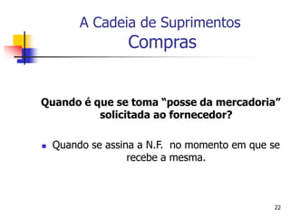 22
A Cadeia de Suprimentos
Compras
Quando é que se toma “posse da mercadoria”
solicitada ao fornecedor?
 Quando se assina a N.F. no momento em que se
recebe a mesma.
 