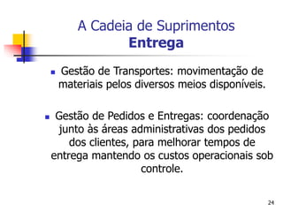 24
A Cadeia de Suprimentos
Entrega
 Gestão de Transportes: movimentação de
materiais pelos diversos meios disponíveis.
 Gestão de Pedidos e Entregas: coordenação
junto às áreas administrativas dos pedidos
dos clientes, para melhorar tempos de
entrega mantendo os custos operacionais sob
controle.
 