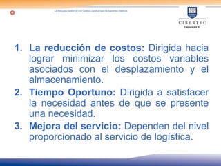 La Adecuada Gestión de una Cadena Logística logra los siguientes Objetivos:
1. La reducción de costos: Dirigida hacia
lograr minimizar los costos variables
asociados con el desplazamiento y el
almacenamiento.
2. Tiempo Oportuno: Dirigida a satisfacer
la necesidad antes de que se presente
una necesidad.
3. Mejora del servicio: Dependen del nivel
proporcionado al servicio de logística.
 