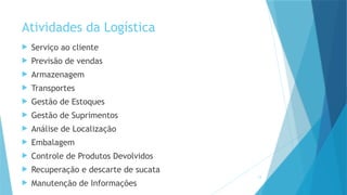 12
Atividades da Logística
 Serviço ao cliente
 Previsão de vendas
 Armazenagem
 Transportes
 Gestão de Estoques
 Gestão de Suprimentos
 Análise de Localização
 Embalagem
 Controle de Produtos Devolvidos
 Recuperação e descarte de sucata
 Manutenção de Informações
 