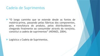 22
Cadeia de Suprimentos
 “O longo caminho que se estende desde as fontes de
matéria-prima, passando pelas fábricas dos componentes,
pela manufatura do produto, pelos distribuidores, e
chegando finalmente ao consumidor através do varejista,
constitui a cadeia de suprimentos” (NOVAES, 2004).
 Logística x Cadeia de Suprimentos.
 