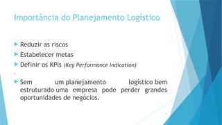 27
Importância do Planejamento Logístico
 Reduzir as riscos
 Estabelecer metas
 Definir os KPIs (Key Performance Indication)
-
 Sem um planejamento logístico bem
estruturado uma empresa pode perder grandes
oportunidades de negócios.
 