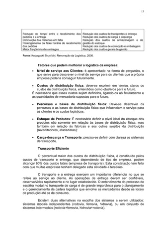 15




Redução do tempo entre o recebimento dos        Redução dos custos de transportes e entrega
pedidos e a entrega                             Redução dos custos de carga e descarga
Diminuição dos materiais em falta               Redução dos custos de armazenagem e de
Prolongamento da faixa horária de recebimento   gestão do estoque
dos pedidos                                     Redução dos custos de confecção e embalagem
Maior freqüência das entregas                   Redução dos custos gerais de gestão

Fonte: Kobayaski Shun’ichi, Renovação da Logística, 2000.


            Fatores que podem melhorar a logística da empresa:
       •   Nível de serviço aos Clientes: é apresentado na forma de perguntas, o
           que serve para descrever o nível de serviço para os clientes que a própria
           empresa poderia conseguir futuramente.

       •  Custos de distribuição física: deve-se exprimir em termos claros os
          custos de distribuição física, entendidos como objetivos para o futuro.
       É necessário que esses custos sejam definidos, ligando-os ao faturamento e
       as quantidades de mercadoria supostas para o futuro.

       •   Percursos e bases de distribuição física: Deve-se descrever os
           percursos e as bases de distribuição física que influenciam o serviço para
           os clientes e os custos logísticos:

       •   Estoque de Produtos: É necessário definir o nível ideal do estoque dos
           produtos não somente em relação às bases de distribuição física, mas
           também em relação às fabricas e aos outros sujeitos da distribuição
           (revendedores, atacadistas):

       •   Carga-descarga e Transporte: precisa-se definir com clareza os sistemas
           de transporte.

            Transporte Eficiente

          O percentual maior dos custos de distribuição física, é constituído pelos
custos de transporte e entrega, que dependendo do tipo de empresa, podem
alcançar 60% dos custos totais (empresa de transporte). Esta constatação tem feito
com que muitas empresas tenham delegado esta atividade a terceiros.

          O transporte e a entrega exercem um importante diferencial no que se
refere ao serviço ao cliente. As operações de entrega devem ser confiáveis,
desenvolvidas rapidamente e no lugar estabelecido. O entendimento do processo de
escolha modal no transporte de carga é de grande importância para o planejamento
e o gerenciamento da cadeia logística que envolve as mercadorias desde os locais
de produção até os de consumo.

           Existem duas alternativas na escolha dos sistemas a serem utilizados:
sistemas modais independentes (rodovia, ferrovia, hidrovia), ou um conjunto de
sistemas intermodais (rodovia+ferrovia, hidrovia+rodovia).
 
