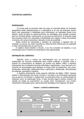 2




CUSTOS DE LOGÍSTICA




INTRODUÇÃO
       O mundo está se tornando cada vez mais um mercado global. As fronteiras
geográficas estão desaparecendo e a expectativa é de que as empresas devem
estar mais preparadas e habilitadas para enfrentarem as realidades desse novo
desafio, sendo levadas ao desenvolvimento de estratégias para projetar produtos
para um mercado global, maximizando os recursos ao produzi-los. O mercado exige
das empresas atuar com velocidade e flexibilidade sem relegar a oferta de produtos
e serviços com preços reduzidos e elevados níveis de qualidade.
     Neste cenário de imposições e desafios às empresas, a logística tem se
revelado um recurso da maior importância, atribuindo-lhes diferenciais de qualidade
e maior contribuição para os seus lucros.
     O objetivo deste trabalho é discutir, à luz dos conceitos da logística, a sua
contribuição para a melhoria do desempenho das organizações.


DEFINIÇÃO DE LOGÍSTICA

      Definida como o campo da administração que se preocupa com a
organização de recursos necessários para colocar produtos e serviços onde e
quando os consumidores os desejam, de acordo com Ballou (1993), a logística
empresarial, tem na literatura diversas definições e significados, o que nos leva a um
conjunto de terminologias para designar as áreas onde se desenvolve, tais como:
transportes, distribuição, distribuição física, suprimento e distribuição, administração
de materiais, operações e logística.
      A logística empresarial, ainda segundo definição de Ballou (1993) “associa
estudo e administração dos fluxos de bens e serviços e da informação associada
que os põe em movimento” e implica tanto no suprimento físico ou administração de
materiais como na distribuição física. A este conceito alguns autores chamam de
“gestão da cadeia de suprimentos” ou “supply chain management”, que contém
importantes implicações para o gerenciamento estratégico dos negócios em geral.

                             FIGURA 1: LOGÍSTICA EMPRESARIAL




            Fornecedores                     Fábricas                 Clientes


                             Administração              Distribuiçã
                             de materiais               o física

                                      Cadeia de suprimentos
 