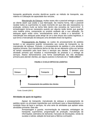 5




transporte geralmente envolve decidir-se quanto ao método de transporte, aos
roteiros e à utilização da capacidade dos veículos.

          Manutenção de Estoque: muitas vezes não e possível entregar o produto
ao cliente assim que acaba a sua fabricação. Da mesma forma, não e possível
receber todos os suprimentos no exato momento em que eles são necessários na
produção, embora muito se tenha feito dentro dos conceitos de “just-in-time”. A
armazenagem torna-se necessária quando por alguma razão temos que guardar
uma matéria prima, componente ou produto acabado ate a sua utilização. Os
estoques agem então como “amortecedores entre a oferta e a demanda”. A
manutenção dos estoques pode atingir de um a dois terços dos custos logísticos, o
que torna a manutenção de estoques uma atividade-chave da logística.

           Processamento de Pedidos: os custos de processamento de pedidos
tendem a ser pequenos quando comparados aos custos de transporte ou de
manutenção de estoque. Contudo, o processamento de pedidos é uma atividade
logística primaria. Sua importância deriva do fato de ser elemento critico em termos
do tempo necessário para levar bens e serviços aos clientes. É também uma
atividade primaria que inicializa a movimentação de produtos e a entrega de
serviços. Abaixo demonstramos uma forma exemplificada das três atividades
primaria para atender clientes, por alguns autores é chamado de o “ciclo critico”.

                             FIGURA 2: O CICLO CRÍTICO DA LOGÍSTICA




 Estoque                            Transporte                        Cliente




                   Processamento dos pedidos dos clientes



     Fonte: Cometti (2001)



Atividades de apoio da logística

           Apesar de transporte, manutenção de estoque e processamento de
pedidos serem os principais ingredientes que contribuem para a disponibilidade e a
condição física de bens e serviços, há uma serie de atividades que apóiam estas
atividades primarias. Elas são:
           Armazenagem e guarda; movimentação de materiais; embalagem de
           transporte; suprimentos; programação de produção; manutenção de
           informações; estimativa de demanda; manuseio de devoluções; venda de
           sucatas e sobras; seleção de local para a fábrica e armazém.
 