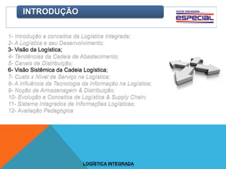 INTRODUÇÃO
1- Introdução e conceitos da Logística Integrada;
2- A Logística e seu Desenvolvimento;
3- Visão da Logística;
4- Tendências da Cadeia de Abastecimento;
5- Canais de Distribuição;
6- Visão Sistêmica da Cadeia Logística;
7- Custo x Nível de Serviço na Logística;
8- A Influência da Tecnologia da Informação na Logística;
9- Noção de Armazenagem & Distribuição;
10- Evolução e Conceitos de Logística & Supply Chain;
11- Sistema Integrados de Informações Logísticas;
12- Avaliação Pedagógica
LOGÍSTICA INTEGRADA
 
