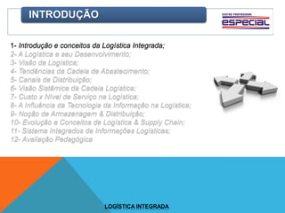 INTRODUÇÃO
1- Introdução e conceitos da Logística Integrada;
2- A Logística e seu Desenvolvimento;
3- Visão da Logística;
4- Tendências da Cadeia de Abastecimento;
5- Canais de Distribuição;
6- Visão Sistêmica da Cadeia Logística;
7- Custo x Nível de Serviço na Logística;
8- A Influência da Tecnologia da Informação na Logística;
9- Noção de Armazenagem & Distribuição;
10- Evolução e Conceitos de Logística & Supply Chain;
11- Sistema Integrados de Informações Logísticas;
12- Avaliação Pedagógica
LOGÍSTICA INTEGRADA
 