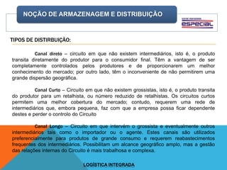 NOÇÃO DE ARMAZENAGEM E DISTRIBUIÇÃO
LOGÍSTICA INTEGRADA
TIPOS DE DISTIRBUIÇÃO:
Canal direto – circuito em que não existem intermediários, isto é, o produto
transita diretamente do produtor para o consumidor final. Têm a vantagem de ser
completamente controlados pelos produtores e de proporcionarem um melhor
conhecimento do mercado; por outro lado, têm o inconveniente de não permitirem uma
grande dispersão geográfica.
Canal Curto – Circuito em que não existem grossistas, isto é, o produto transita
do produtor para um retalhista, ou número reduzido de retalhistas. Os circuitos curtos
permitem uma melhor cobertura do mercado; contudo, requerem uma rede de
intermediários que, embora pequena, faz com que a empresa possa ficar dependente
destes e perder o controlo do Circuito
Canal Longo – Circuito em que intervém o grossista e eventualmente outros
intermediários tais como o importador ou o agente. Estes canais são utilizados
preferencialmente para produtos de grande consumo e requerem reabastecimentos
frequentes dos intermediários. Possibilitam um alcance geográfico amplo, mas a gestão
das relações internas do Circuito é mais trabalhosa e complexa.
 