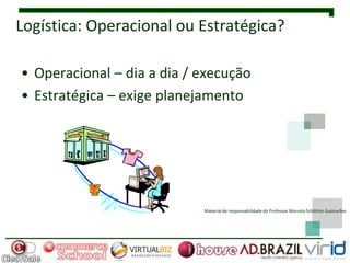 Logística: Operacional ou Estratégica?

• Operacional – dia a dia / execução
• Estratégica – exige planejamento




                            Material de responsabilidade do Professor Marcelo Schlittler Guimarães
 
