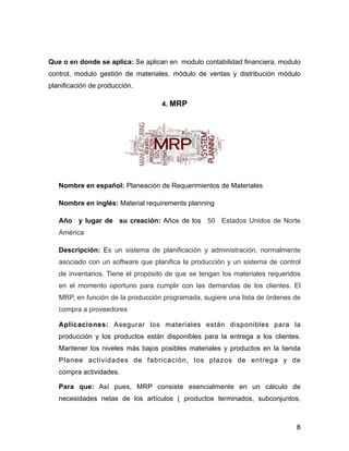 !
Que o en donde se aplica: Se aplican en modulo contabilidad financiera, modulo
control, modulo gestión de materiales, módulo de ventas y distribución módulo
planificación de producción.
4. MRP
!
Nombre en español: Planeación de Requerimientos de Materiales
Nombre en inglés: Material requirements planning
Año y lugar de su creación: Años de los 50 Estados Unidos de Norte
América
Descripción: Es un sistema de planificación y administración, normalmente
asociado con un software que planifica la producción y un sistema de control
de inventarios. Tiene el propósito de que se tengan los materiales requeridos
en el momento oportuno para cumplir con las demandas de los clientes. El
MRP, en función de la producción programada, sugiere una lista de órdenes de
compra a proveedores
Aplicaciones: Asegurar los materiales están disponibles para la
producción y los productos están disponibles para la entrega a los clientes.
Mantener los niveles más bajos posibles materiales y productos en la tienda
Planee actividades de fabricación, los plazos de entrega y de
compra actividades.
Para que: Así pues, MRP consiste esencialmente en un cálculo de
necesidades netas de los artículos ( productos terminados, subconjuntos,
8
 