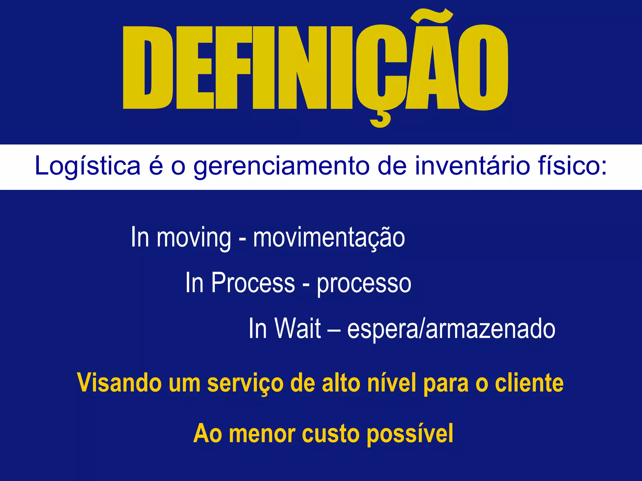 In moving - movimentação In Process - processo In Wait – espera/armazenado Logística é o gerenciamento de inventário físico: Visando um serviço de alto nível para o cliente  Ao menor custo possível 
