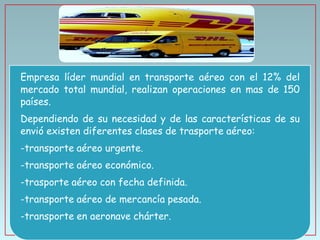Empresa líder mundial en transporte aéreo con el 12% del
mercado total mundial, realizan operaciones en mas de 150
países.

Dependiendo de su necesidad y de las características de su
envió existen diferentes clases de trasporte aéreo:
-transporte aéreo urgente.

-transporte aéreo económico.
-trasporte aéreo con fecha definida.
-transporte aéreo de mercancía pesada.

-transporte en aeronave chárter.

 