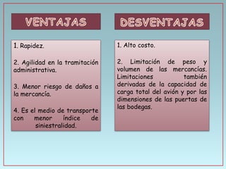 1. Rapidez.

1. Alto costo.

2. Agilidad en la tramitación
administrativa.

2. Limitación de peso y
volumen de las mercancías.
Limitaciones
también
derivadas de la capacidad de
carga total del avión y por las
dimensiones de las puertas de
las bodegas.

3. Menor riesgo de daños a
la mercancía.
4. Es el medio de transporte
con
menor
índice
de
siniestralidad.

 
