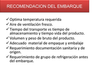 RECOMENDACION DEL EMBARQUE
 Optima temperatura requerida
 Aire de ventilación fresco.
 Tiempo del transporte vs tiempo de
almacenamiento y tiempo vida del producto.
 Volumen y peso de bruto del producto.
 Adecuado material de empaque y embalaje
 Requerimiento documentación sanitaria y de
origen.
 Requerimiento de grupo de refrigeración antes
del embarque.

 