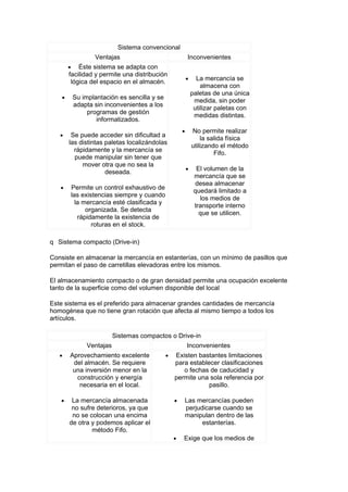 Sistema convencional
                    Ventajas                                Inconvenientes
        •   Éste sistema se adapta con
        facilidad y permite una distribución
                                                            •     La mercancía se
         lógica del espacio en el almacén.
                                                                    almacena con
                                                                paletas de una única
    •       Su implantación es sencilla y se
                                                                 medida, sin poder
            adapta sin inconvenientes a los
                                                                 utilizar paletas con
                 programas de gestión
                                                                 medidas distintas.
                    informatizados.
                                                        •       No permite realizar
   •     Se puede acceder sin dificultad a
                                                                    la salida física
        las distintas paletas localizándolas
                                                                utilizando el método
          rápidamente y la mercancía se
                                                                         Fifo.
          puede manipular sin tener que
             mover otra que no sea la
                                                            •     El volumen de la
                      deseada.
                                                                 mercancía que se
                                                                 desea almacenar
   •        Permite un control exhaustivo de
                                                                 quedará limitado a
            las existencias siempre y cuando
                                                                   los medios de
              la mercancía esté clasificada y
                                                                 transporte interno
                  organizada. Se detecta
                                                                   que se utilicen.
               rápidamente la existencia de
                    roturas en el stock.

q Sistema compacto (Drive-in)

Consiste en almacenar la mercancía en estanterías, con un mínimo de pasillos que
permitan el paso de carretillas elevadoras entre los mismos.

El almacenamiento compacto o de gran densidad permite una ocupación excelente
tanto de la superficie como del volumen disponible del local

Este sistema es el preferido para almacenar grandes cantidades de mercancía
homogénea que no tiene gran rotación que afecta al mismo tiempo a todos los
artículos.

                            Sistemas compactos o Drive-in
                 Ventajas                                   Inconvenientes
   •    Aprovechamiento excelente               •   Existen bastantes limitaciones
         del almacén. Se requiere                   para establecer clasificaciones
         una inversión menor en la                     o fechas de caducidad y
          construcción y energía                    permite una sola referencia por
           necesaria en el local.                               pasillo.

   •     La mercancía almacenada                    •    Las mercancías pueden
         no sufre deterioros, ya que                     perjudicarse cuando se
         no se colocan una encima                        manipulan dentro de las
        de otra y podemos aplicar el                           estanterías.
                método Fifo.
                                                    •   Exige que los medios de
 