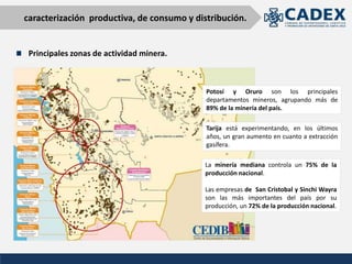 Principales zonas de actividad minera.
caracterización productiva, de consumo y distribución.
La minería mediana controla un 75% de la
producción nacional.
Las empresas de San Cristobal y Sinchi Wayra
son las más importantes del país por su
producción, un 72% de la producción nacional.
Potosí y Oruro son los principales
departamentos mineros, agrupando más de
89% de la minería del país.
Tarija está experimentando, en los últimos
años, un gran aumento en cuanto a extracción
gasífera.
 