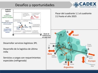 Desafíos y oportunidades
Pasar del cuadrante 1.1 al cuadrante
2.2 hasta el año 2025
Desarrollar servicios logísticos 3PL
Desarrollo de la logística de última
milla
Servicios a cargas con requerimientos
especiales (refrigerada)
 