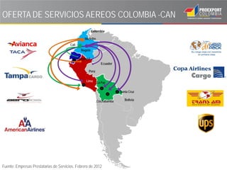 OFERTA DE SERVICIOS AEREOS COLOMBIA -CAN
                                                           Colombia

                                                    Medellín
                                        Cali
                                                 Bogotá

                                               Guayaquil
                                                                 Ecuador

                                                       Perú

                                                     Lima      La Paz

                                                                            Santa Cruz

                                                               Cochabamba      Bolivia




Fuente: Empresas Prestatarias de Servicios. Febrero de 2012
 