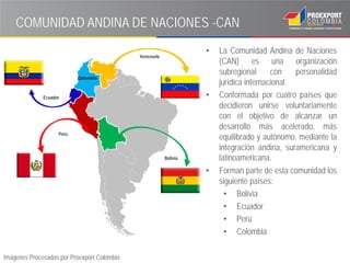 COMUNIDAD ANDINA DE NACIONES -CAN
                                                                   •   La Comunidad Andina de Naciones
                                             Venezuela
                                                                       (CAN) es una organización
                                                                       subregional      con    personalidad
                           Colombia
                                                                       jurídica internacional.
              Ecuador                                              •   Conformada por cuatro países que
                                                                       decidieron unirse voluntariamente
                                                                       con el objetivo de alcanzar un
                                                                       desarrollo más acelerado, más
                    Perú
                                                                       equilibrado y autónomo, mediante la
                                                                       integración andina, suramericana y
                                                         Bolivia       latinoamericana.
                                                                   •   Forman parte de esta comunidad los
                                                                       siguiente países:
                                                                         • Bolivia
                                                                         • Ecuador
                                                                         • Perú
                                                                         • Colombia

Imágenes Procesadas por Proexport Colombia
 