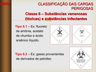 COCP

Classe 6 – Substâncias venenosas
(tóxicas) e substâncias infectantes
Tipo 6.1 – Ex: fluoreto
de amônia, acetato
de chumbo e ácido
arsênico líquido.
Tipo 6.2 – Ex: gases provenientes
de derivados de petróleo
CLASSIFICAÇÃO DAS CARGAS
PERIGOSAS
 