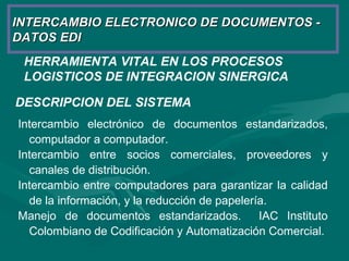 HERRAMIENTA VITAL EN LOS PROCESOS
LOGISTICOS DE INTEGRACION SINERGICA
INTERCAMBIO ELECTRONICO DE DOCUMENTOS -INTERCAMBIO ELECTRONICO DE DOCUMENTOS -
DATOS EDIDATOS EDI
DESCRIPCION DEL SISTEMA
Intercambio electrónico de documentos estandarizados,
computador a computador.
Intercambio entre socios comerciales, proveedores y
canales de distribución.
Intercambio entre computadores para garantizar la calidad
de la información, y la reducción de papelería.
Manejo de documentos estandarizados. IAC Instituto
Colombiano de Codificación y Automatización Comercial.
 
