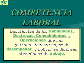 Descripción de lasDescripción de las Habilidades,,
Destrezas, Conocimientos yy
Operaciones que unaque una
persona debe ser capaz depersona debe ser capaz de
desempeñar y aplicar en distintasy aplicar en distintas
situaciones desituaciones de trabajo.
Descripción de lasDescripción de las Habilidades,,
Destrezas, Conocimientos yy
Operaciones que unaque una
persona debe ser capaz depersona debe ser capaz de
desempeñar y aplicar en distintasy aplicar en distintas
situaciones desituaciones de trabajo.
COMPETENCIACOMPETENCIA
LABORALLABORAL
MESA SECTORIAL DE LOGÍSTICA
 