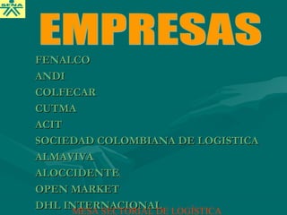 FENALCOFENALCO
ANDIANDI
COLFECARCOLFECAR
CUTMACUTMA
ACITACIT
SOCIEDAD COLOMBIANA DE LOGISTICASOCIEDAD COLOMBIANA DE LOGISTICA
ALMAVIVAALMAVIVA
ALOCCIDENTEALOCCIDENTE
OPEN MARKETOPEN MARKET
DHL INTERNACIONALDHL INTERNACIONALMESA SECTORIAL DE LOGÍSTICA
 
