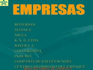ROTERDANROTERDAN
AVIANCAAVIANCA
ARCCAARCCA
K. N. G. LTDA.K. N. G. LTDA.
BAYER S. A.BAYER S. A.
COLCERAMICACOLCERAMICA
INDUMILINDUMIL
COMPAÑÍA DE GALLETAS NOELCOMPAÑÍA DE GALLETAS NOEL
CENTRO COLOMBIANO DEL EMPAQUECENTRO COLOMBIANO DEL EMPAQUE
MESA SECTORIAL DE LOGÍSTICA
 