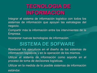 TECNOLOGIA DETECNOLOGIA DE
INFORMACIONINFORMACION
Integrar el sistema de información logístico con todos losIntegrar el sistema de información logístico con todos los
sistemas de información que apoyan las estrategias delsistemas de información que apoyan las estrategias del
negocio.negocio.
Compartir más la información entre los intervinientes de laCompartir más la información entre los intervinientes de la
Empresa.Empresa.
Incorporar nuevas tecnologías de información.Incorporar nuevas tecnologías de información.
SISTEMA DE SOFWARESISTEMA DE SOFWARE
Reeducar los ejecutivos en el diseño de los sistemas deReeducar los ejecutivos en el diseño de los sistemas de
información logísticos y en la operación de los mismos.información logísticos y en la operación de los mismos.
Utilizar el sistema de información como soporte en elUtilizar el sistema de información como soporte en el
proceso de toma de decisiones logísticas.proceso de toma de decisiones logísticas.
Utilizar en la medida de lo posible sistemas de informaciónUtilizar en la medida de lo posible sistemas de información
estándar.estándar.
 