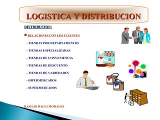 LOGISTICA Y DISTRIBUCIONLOGISTICA Y DISTRIBUCION
DISTRIBUCION:DISTRIBUCION:
 RELACIONES CON LOS CLIENTES
- TIENDAS POR DEPARTAMENTOS
- TIENDAS ESPECIALIZADAS
- TIENDAS DE CONVENIENCIA
- TIENDAS DE DESCUENTO
- TIENDAS DE VARIEDADES
- HIPERMERCADOS
- SUPERMERCADOS
BASILIO BALLI MORALES
 