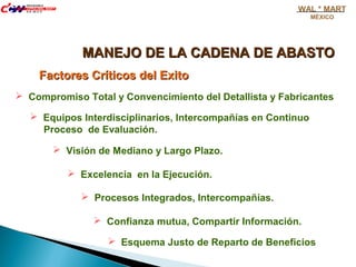  Compromiso Total y Convencimiento del Detallista y Fabricantes
 Equipos Interdisciplinarios, Intercompañías en Continuo
Proceso de Evaluación.
 Visión de Mediano y Largo Plazo.
 Excelencia en la Ejecución.
 Procesos Integrados, Intercompañías.
 Confianza mutua, Compartir Información.
 Esquema Justo de Reparto de Beneficios
Factores Críticos del ExitoFactores Críticos del Exito
MANEJO DE LA CADENA DE ABASTOMANEJO DE LA CADENA DE ABASTO
WAL * MART
MÉXICO
 